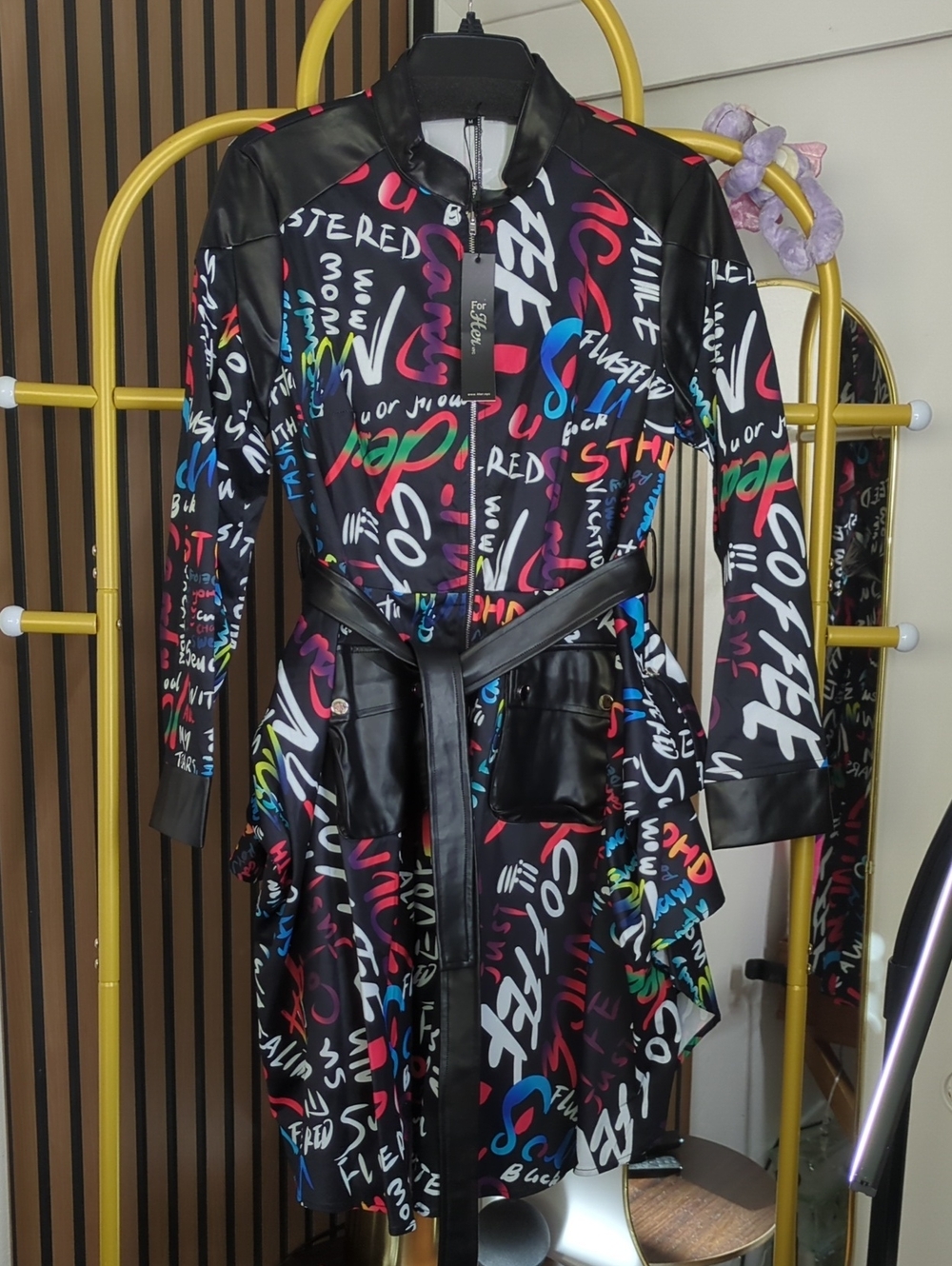 For Her" brand faux leather trim print dress jacket, vibrant, multi-color, M.